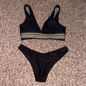 SHEIN Black Padded Boho Bikini Set with Gold and Blue Trim, Never worn